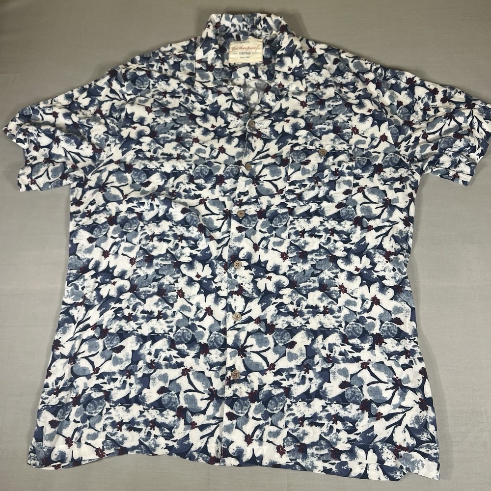 Weatherproof Vintage Floral Shirt Mens XL  Blue White Button Up Short Sleeve